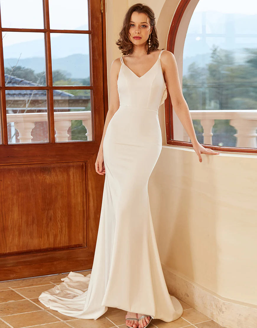 Mermaid Spaghetti Straps White Wedding Dress with Button