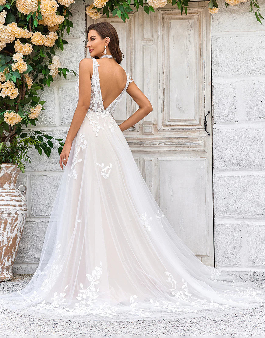 Gorgeous A Line Deep V Neck Champagne Tulle Wedding Dress with Lace
