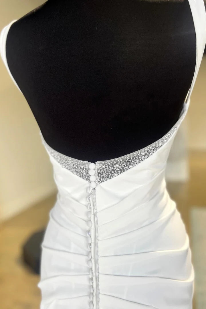 White Square neck Backless Ruched Back Buckle Wedding Dress with Detachable Sleeves