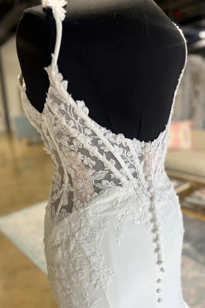 White Appliques Spaghetti Strap Corset Backless Mopping The Floor Mermaid Long Wedding Dress 