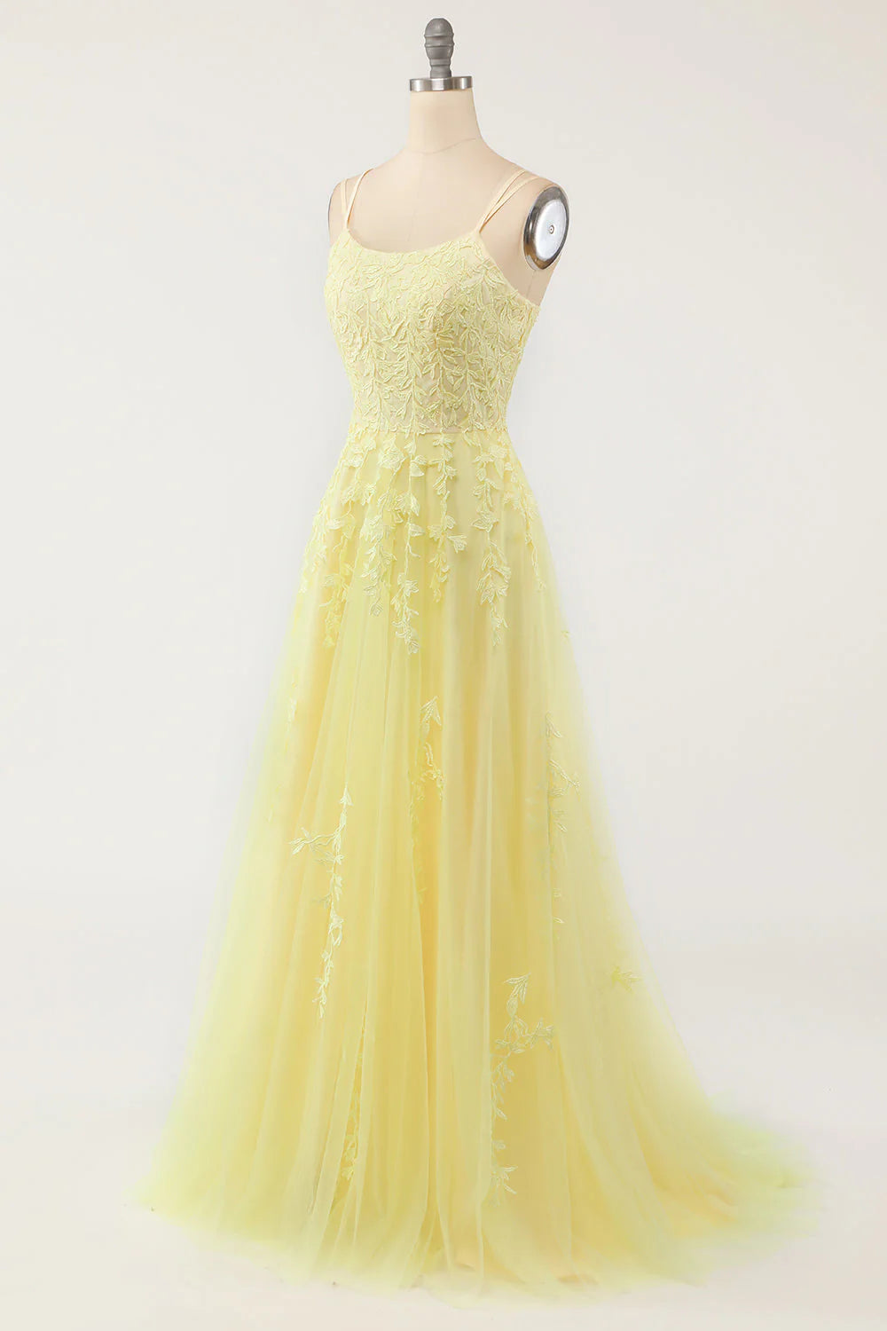 A-Line Yellow Round Neck Tulle Appliqued Spaghetti Straps Prom Dress