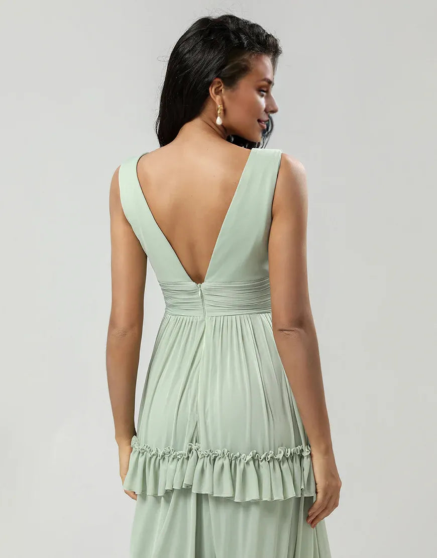 A Line Chiffon Green V-Neck Backless Bridesmaid Dress with Pleated