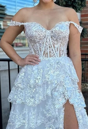 White A-Line Off-the-Shoulder Tulle Tiered Split Fork Floor-Length Prom Dress