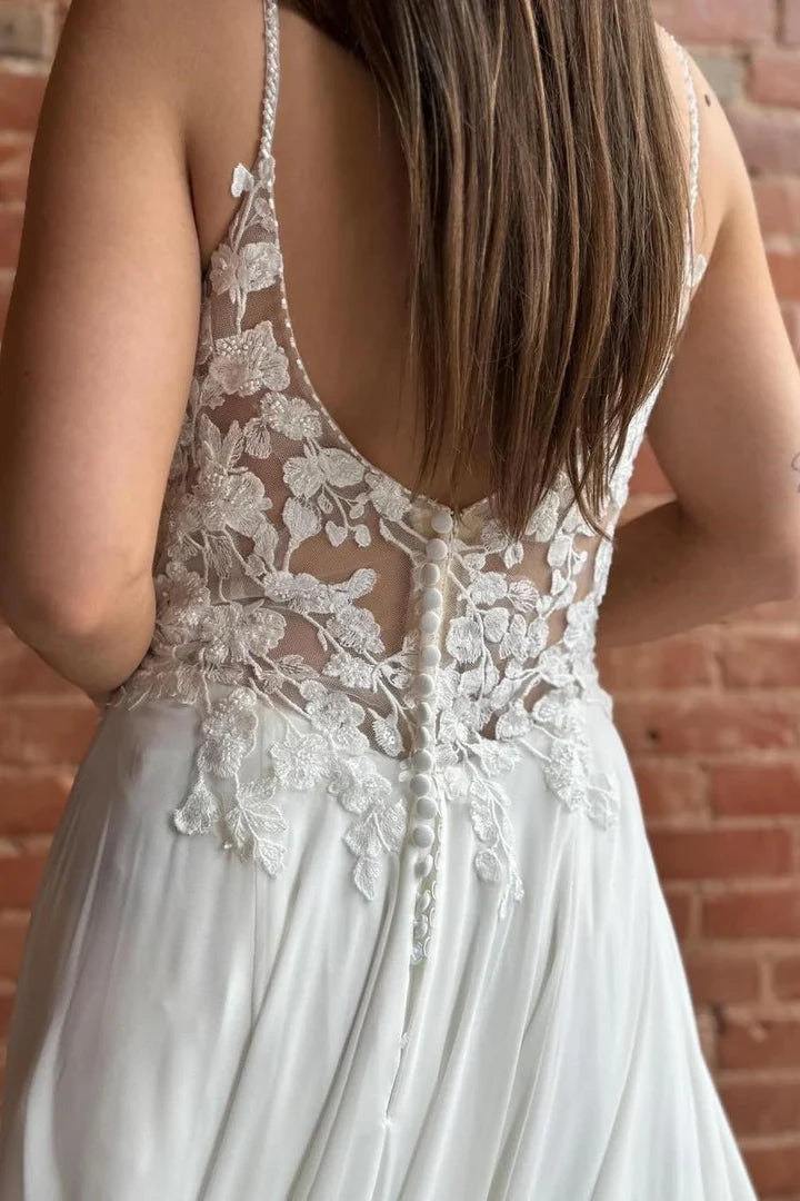 White Appliques Spaghetti Strap Backless Mopping The Floor Long Wedding Dress