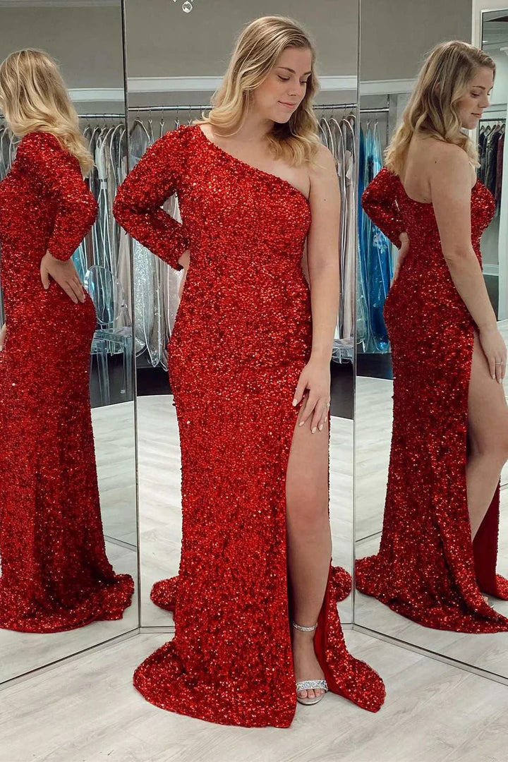 One-shoulder Long Sleeve Tiffany Sequins Long Formal Dress