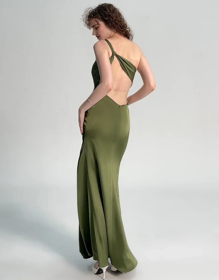 Elegant Olive Green One-Shoulder Pleated Backless High-Slit Mermaid Maxi Dress
