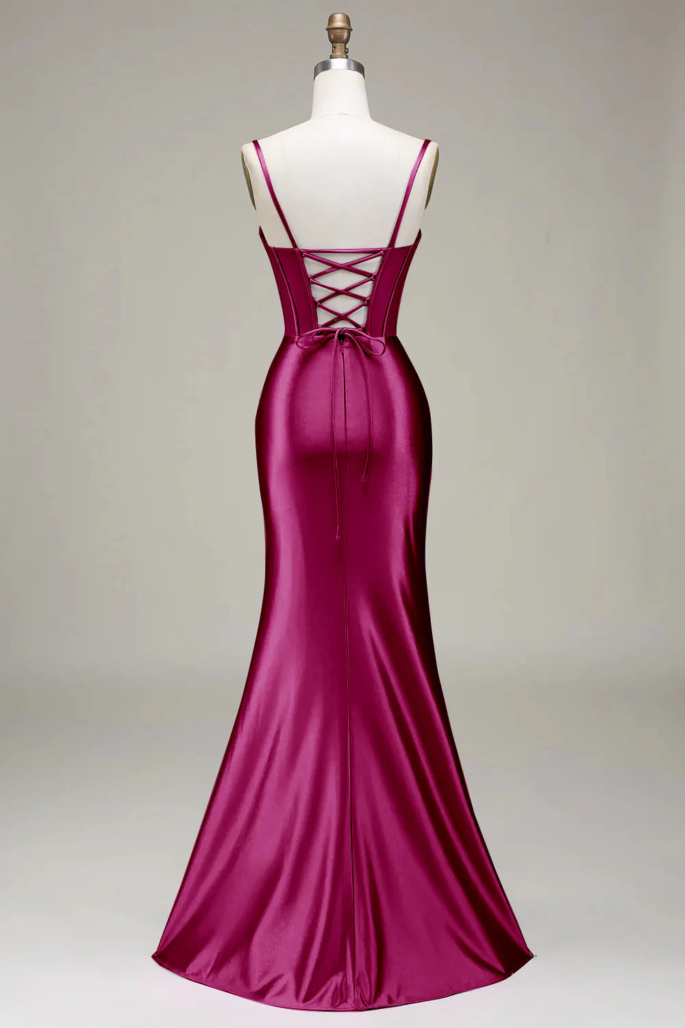 Burgundy Satin Spaghetti Straps Split Fork Lace-Up Back Slim-fit Prom Dress with Corset