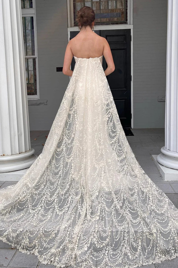 White A-Line Off-the-Shoulder Strapless Mermaid Long Wedding Dress with Attached Train