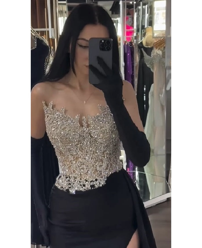 Sheath Glitter Sparking Beaded Evening Dress Sweep/Brush Train Prom Dress With Slit