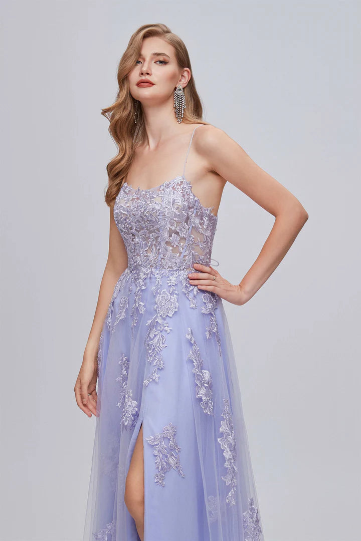 Appliques Lace-Up A-Line Long Prom Dress with Slit