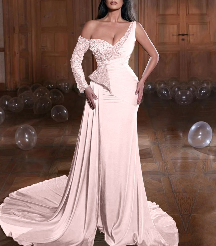 Sheath One Shoulder One Long Sleeve Sweep/Brush Train Dresses Long Prom Dress With Sequins