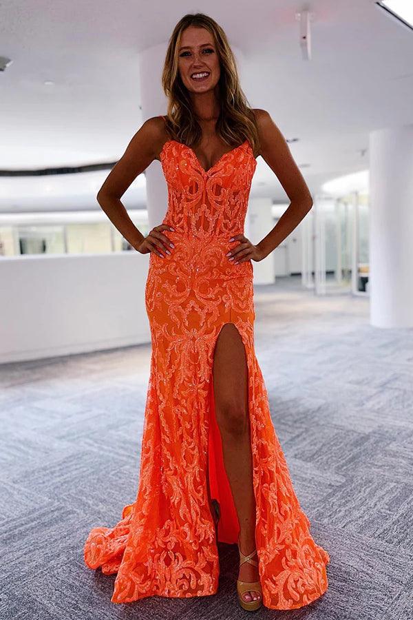 Gorgeous Mermaid Orange V-Neck Spaghetti Strap Sequins Lace Long Prom Dresses with Side Slit