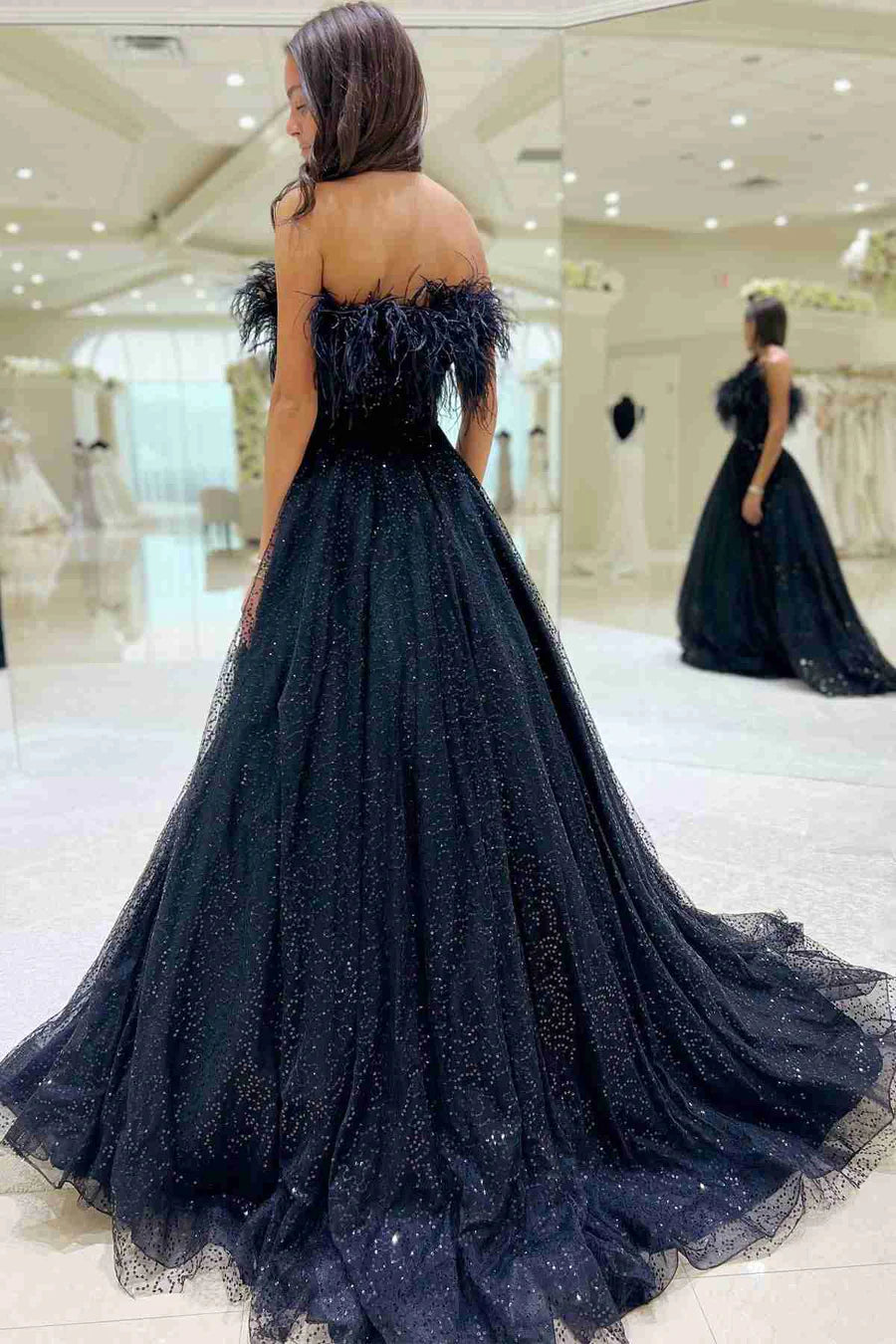 Tulle Sequin Strapless A-Line Long Prom Dress with Feathers