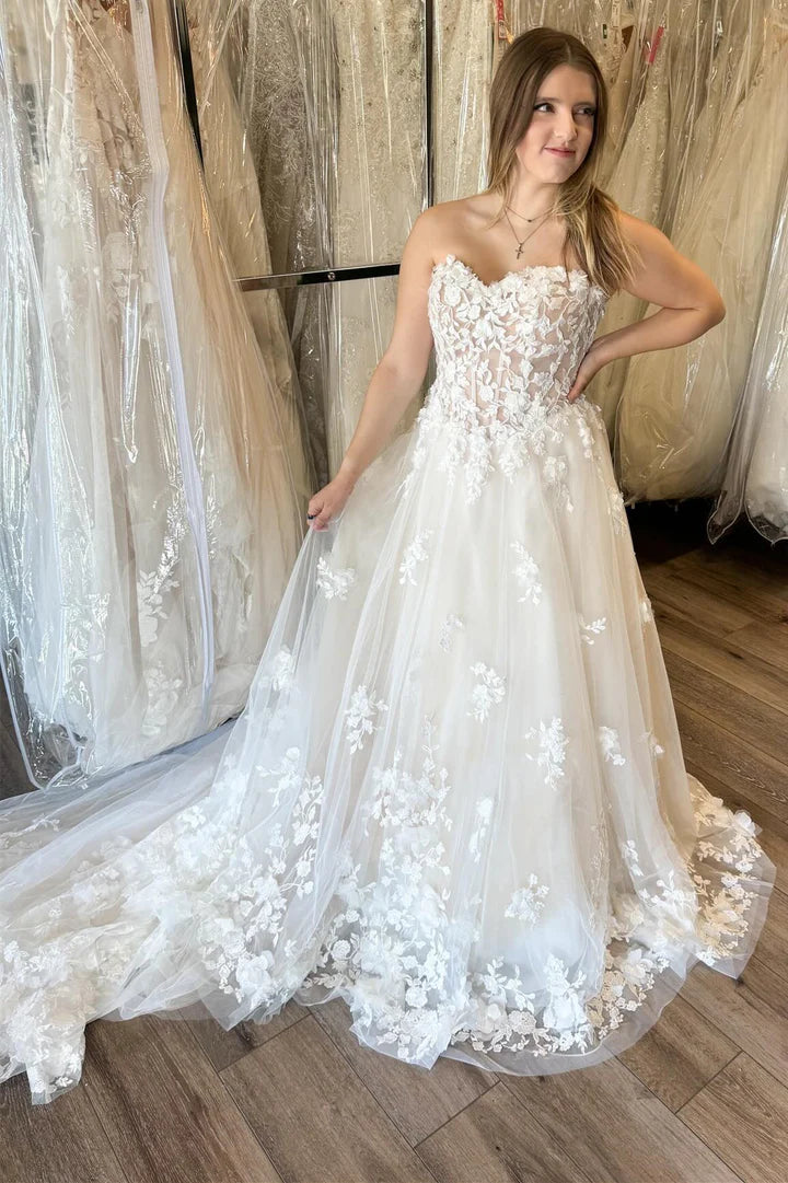 Ivory Strapless Off-the-Shoulder A-Line Wedding Dress with Floral Appliques