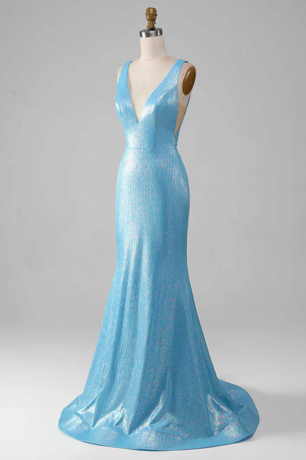 Glitter Blue Mermaid V-Neck Backless Slim-fit Long Prom Dress