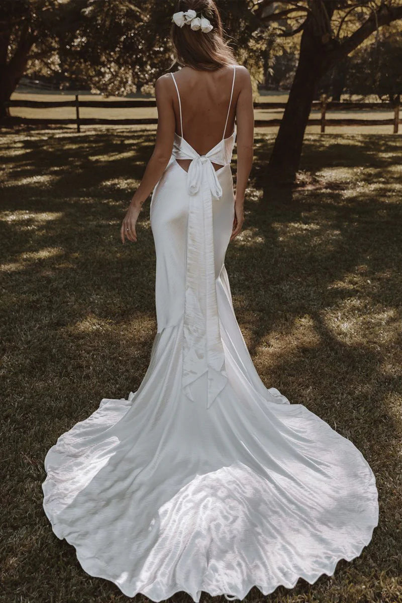 Fashion Mermaid Cowl Neck Spaghetti Strap Silk Satin Long Wedding Dresses with Slit