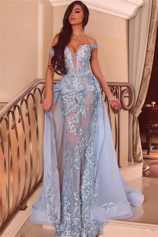 Sheath Off-the-Shoulder Sweep/Brush Train Dresses Sexy See Through Tulle Evening Dress With Appliques