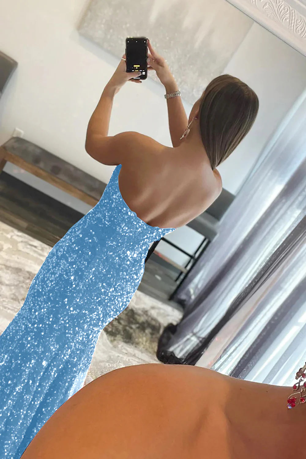 Off-the-Shoulder Sequins Mermaid Strapless Split Fork Long Prom Dress