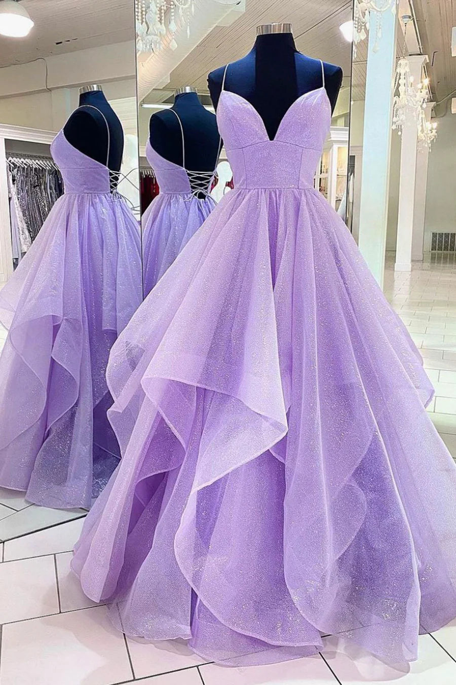 A-Line Spaghetti Straps V Neck Floor Length Tulle Long Prom Dresses Party Evening Gowns