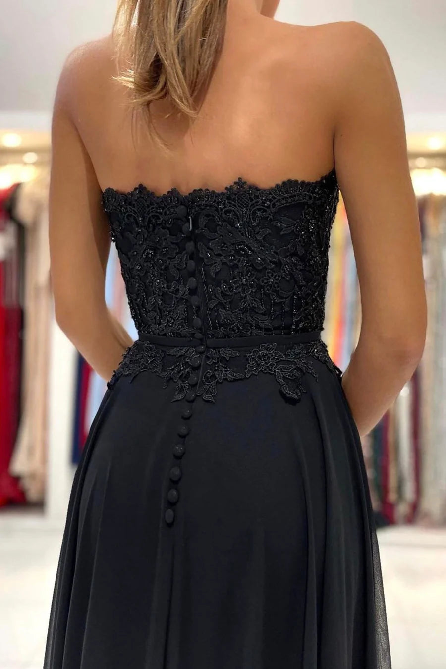 A-Line Strapless Chiffon Evening Dresses With Slit Bridesmaid Dress With Lace Appliques