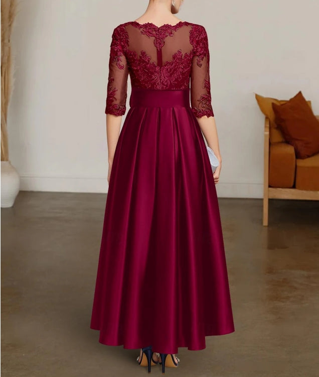 Chrismas Dress Mother of the Groom / Bride Dress A-Line High Low Bateau Neck Asymmetrical Satin Lace Length Sleeve Lace Sash Elegant Formal Fall Wedding Guest