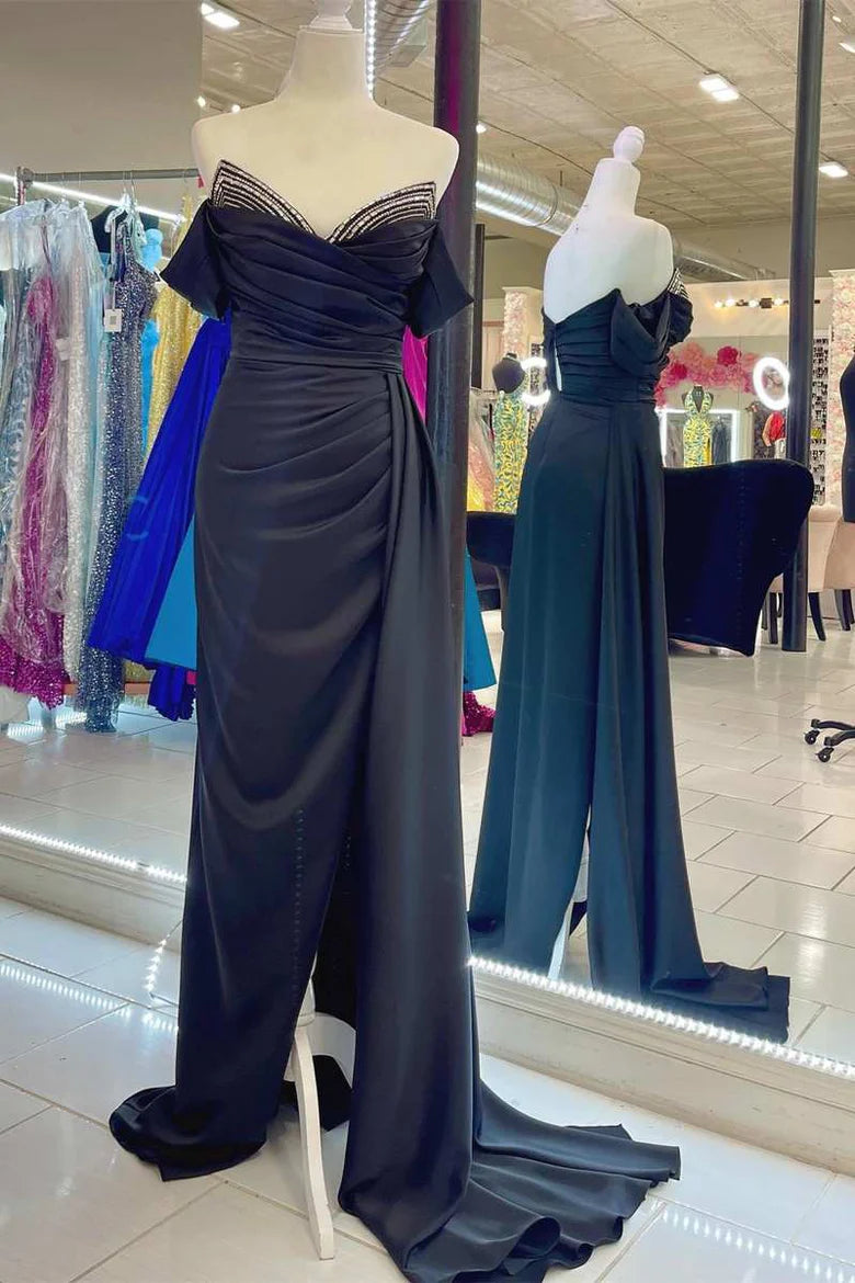 Ruching Off-the-Shoulder Long Formal Dress with Attached Train
