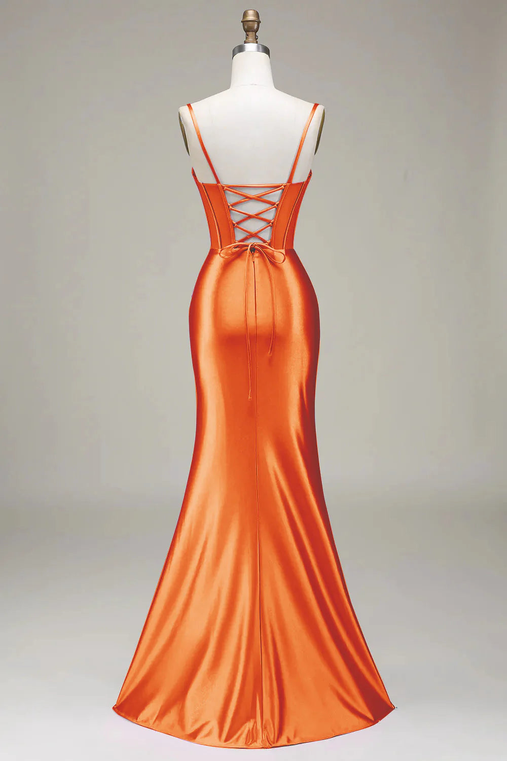 Orange Satin Spaghetti Straps Split Fork Lace-Up Back Slim-fit Prom Dress with Corset
