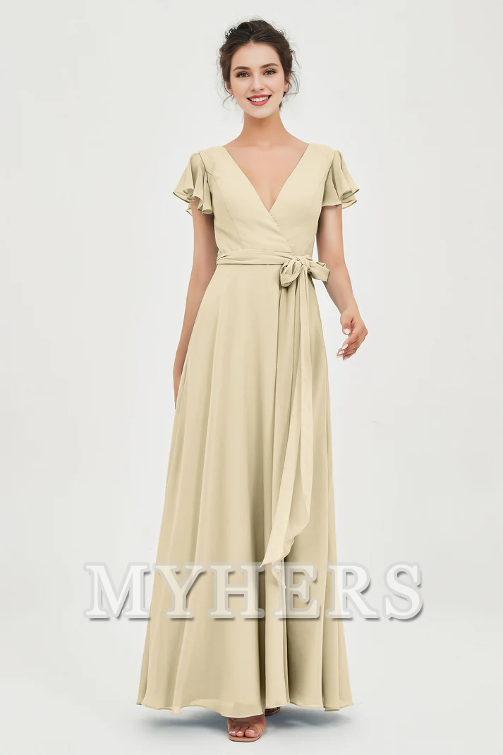 MY HERS Chiffon A-Line V-neck Flutter Sleeves Pleated Lace up Floor-Length Elegant Simple Bridesmaid Dresses Wedding Guests Dresses