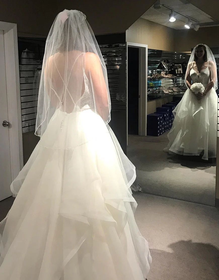 Asymmetrical Tulle Spaghetti Straps White Long Wedding Dress