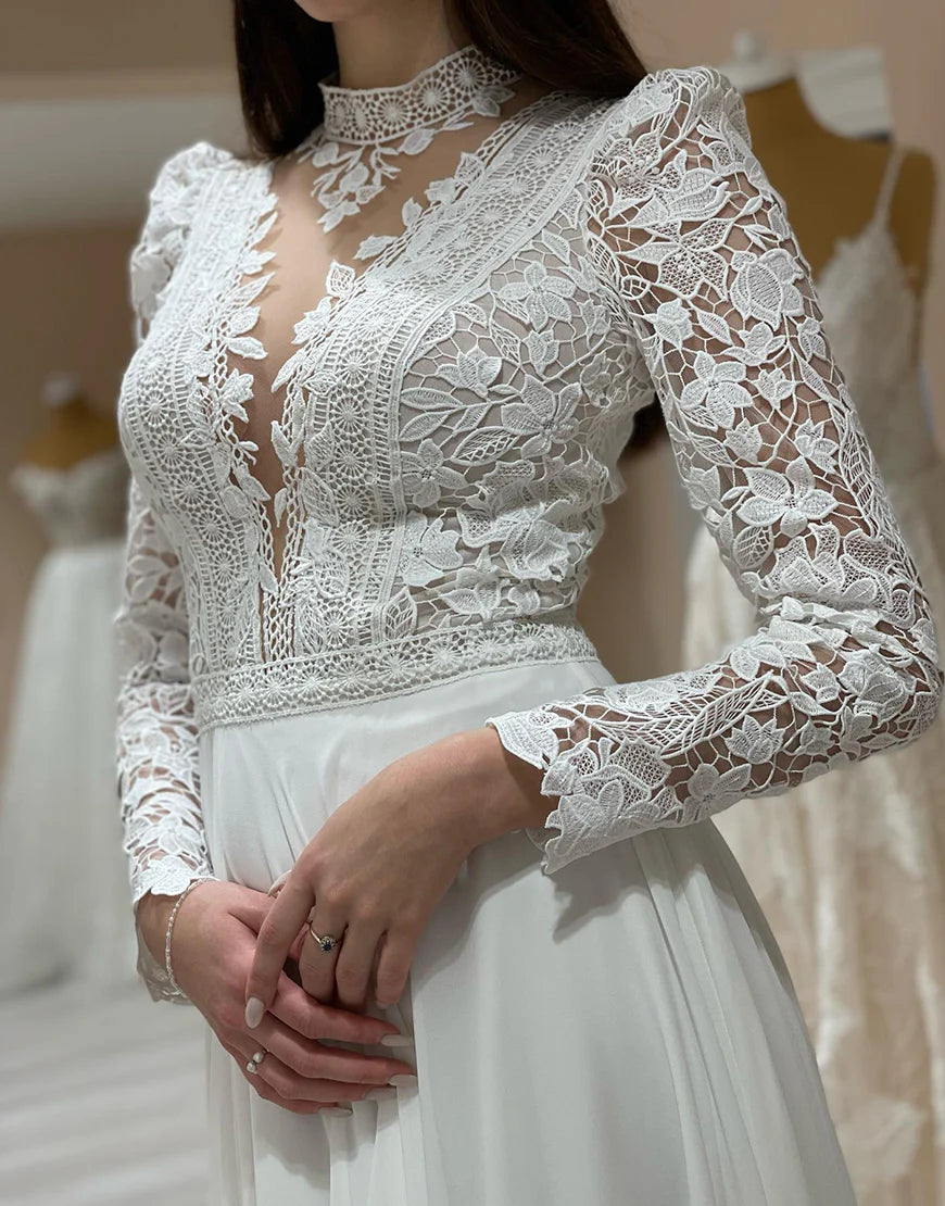 A Line Long Sleeves Ivory Long Bridal Dress With Slit