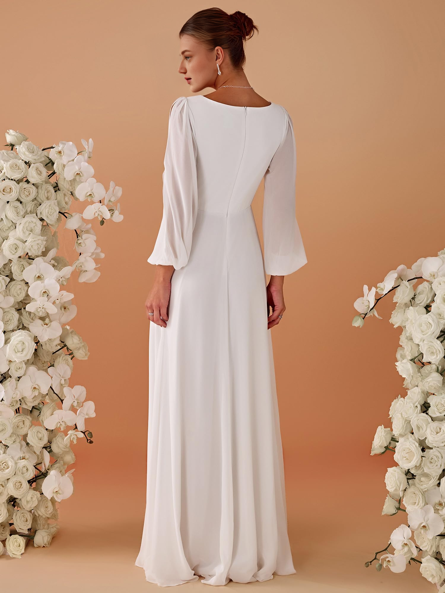 New Pattern Wedding Dress Deep V Neck Long Sleeves Floor Length Ruched Chiffon One's Waist Applique Formal Women's Dresses