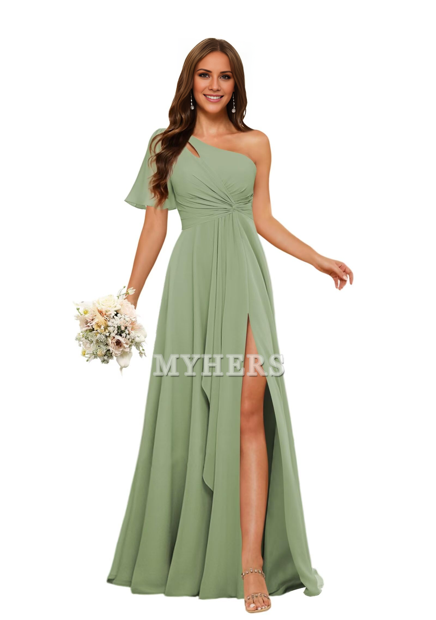 Single Sleeve Short Sleeves Chiffon Side Fork Pleated Elegant Bridesmaid Dresses Wedding Guests Dresses