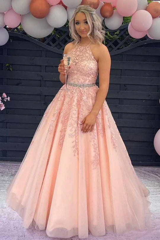 Lace Appliques Jewel Neck Long Formal Dress