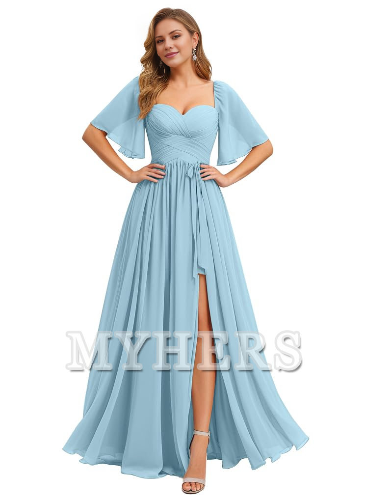 A Line Flutter Sleeves Ruched Chiffon Side Fork Long Bridesmaid Dresses Wedding Guests Dresses