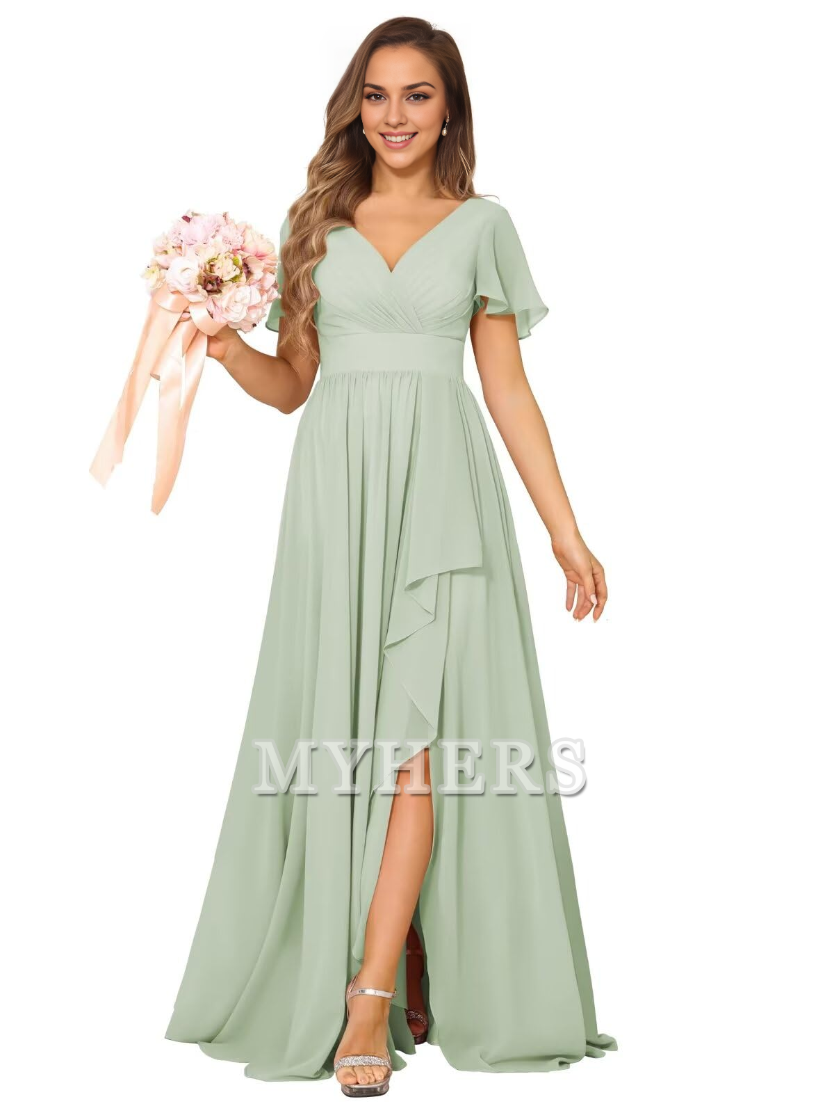 Elegant V Neck Chiffon Pleated Side Fork Exquisite Bridesmaid Dresses Wedding Guests Dresses