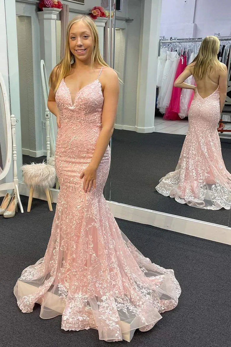 Straps Trumpet Lace Long Formal Dress