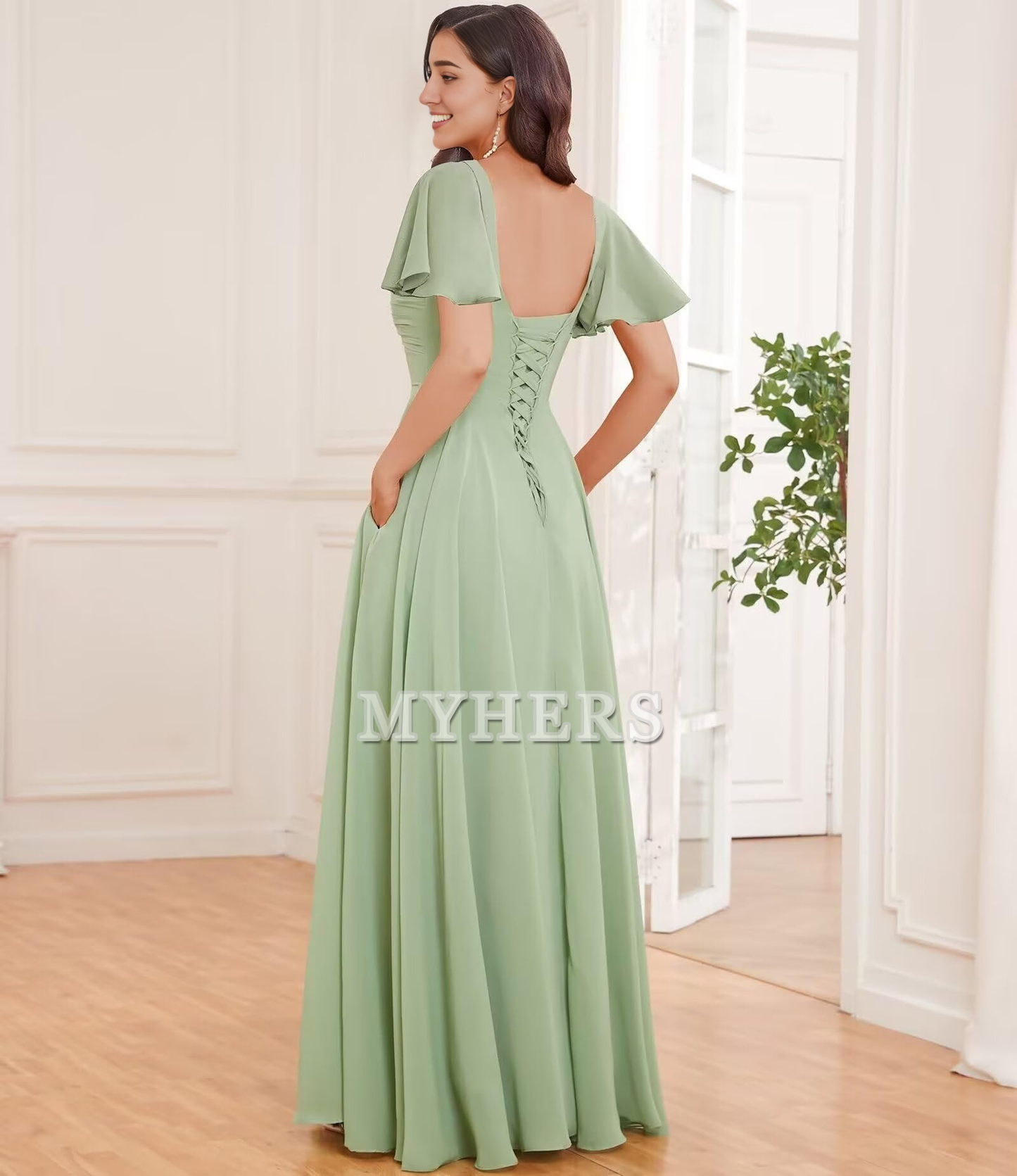 V-Neck Chiffon Ruffles Side Fork Long Elegant Exquisite Bridesmaid Dresses Wedding Guests Dresses