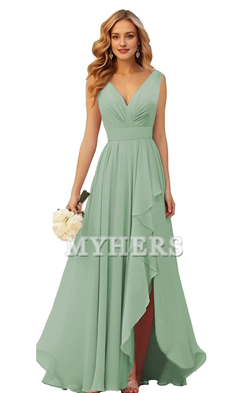 Elegant V Neck Chiffon Ruched Side Fork Long Bridesmaid Dresses Wedding Guests Dresses