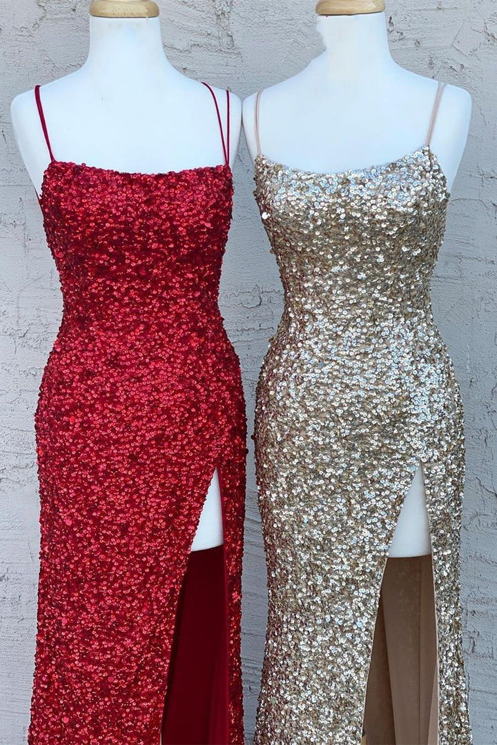 Spaghetti Straps Sequins Mermaid Long Formal Dress