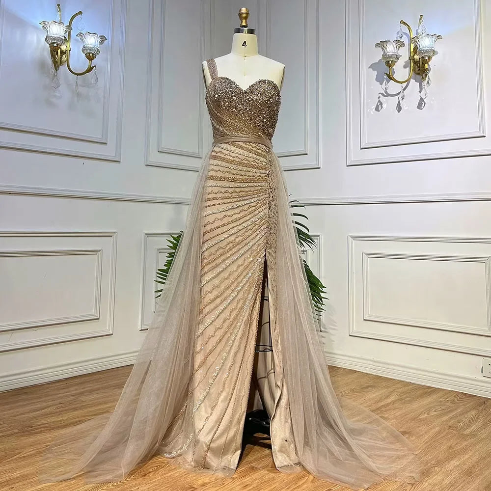 Sheath Mermaid Trumpet Sweep/Brush Train Dresses One shoulder Prom Dress With Bead Embroidery