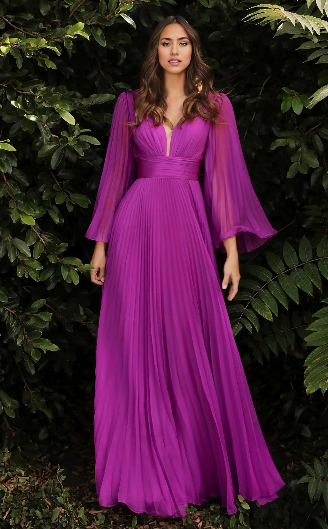 Wedding Guest Formal Dresses Unique Mother of the Bride Dress Long sleeves Wrinkle Deep V Neck Dresses