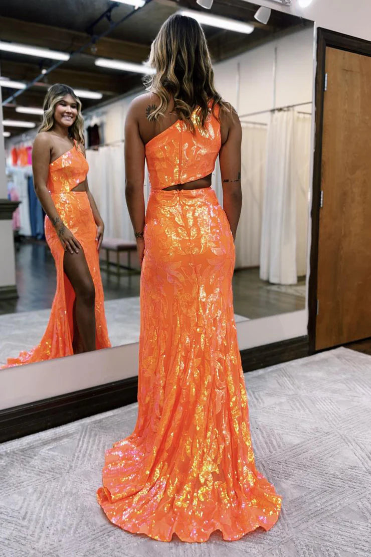 Cute Sparkly Mermaid One Shoulder Orange Sequins Long Prom Dresses with Slit