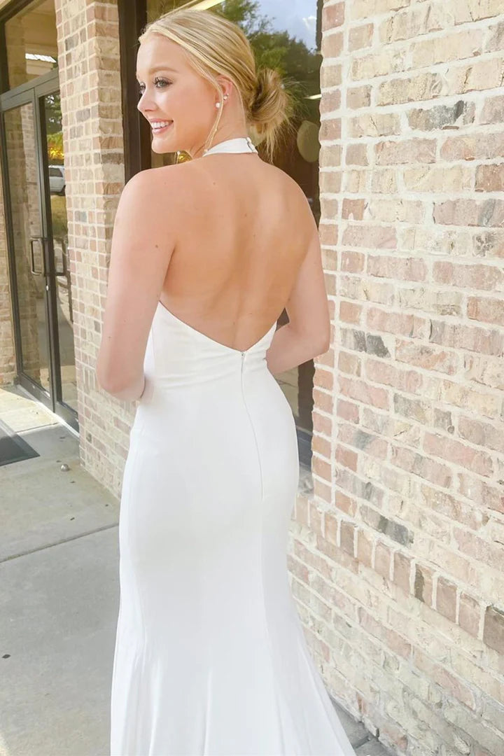 White Round neck Off-the-Shoulder Halter Backless Mermaid Long Wedding Dress with Slit 