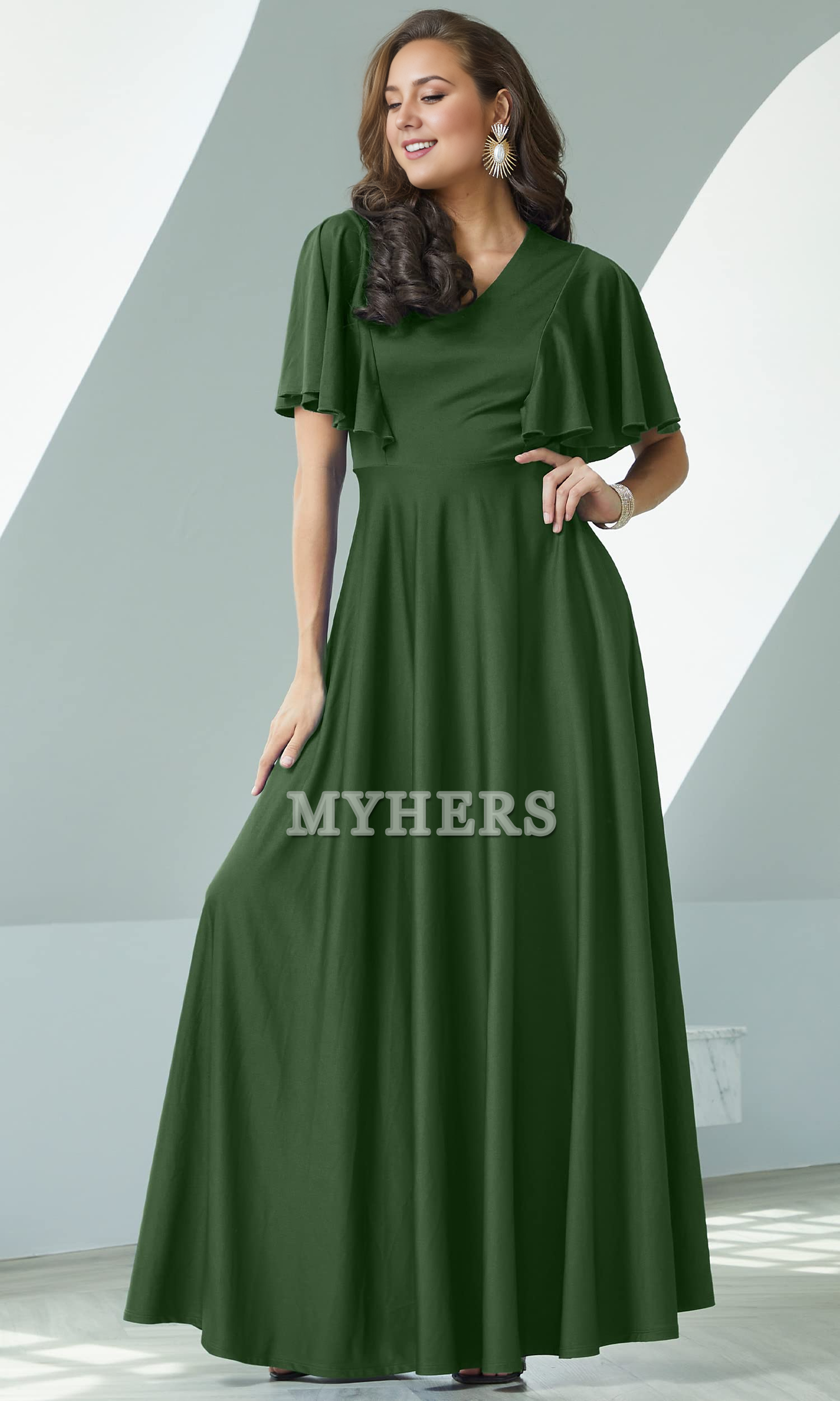 A Line V Neck Flutter Sleeve Long Elegant Bridesmaid Dresses Wedding Guests Dresses