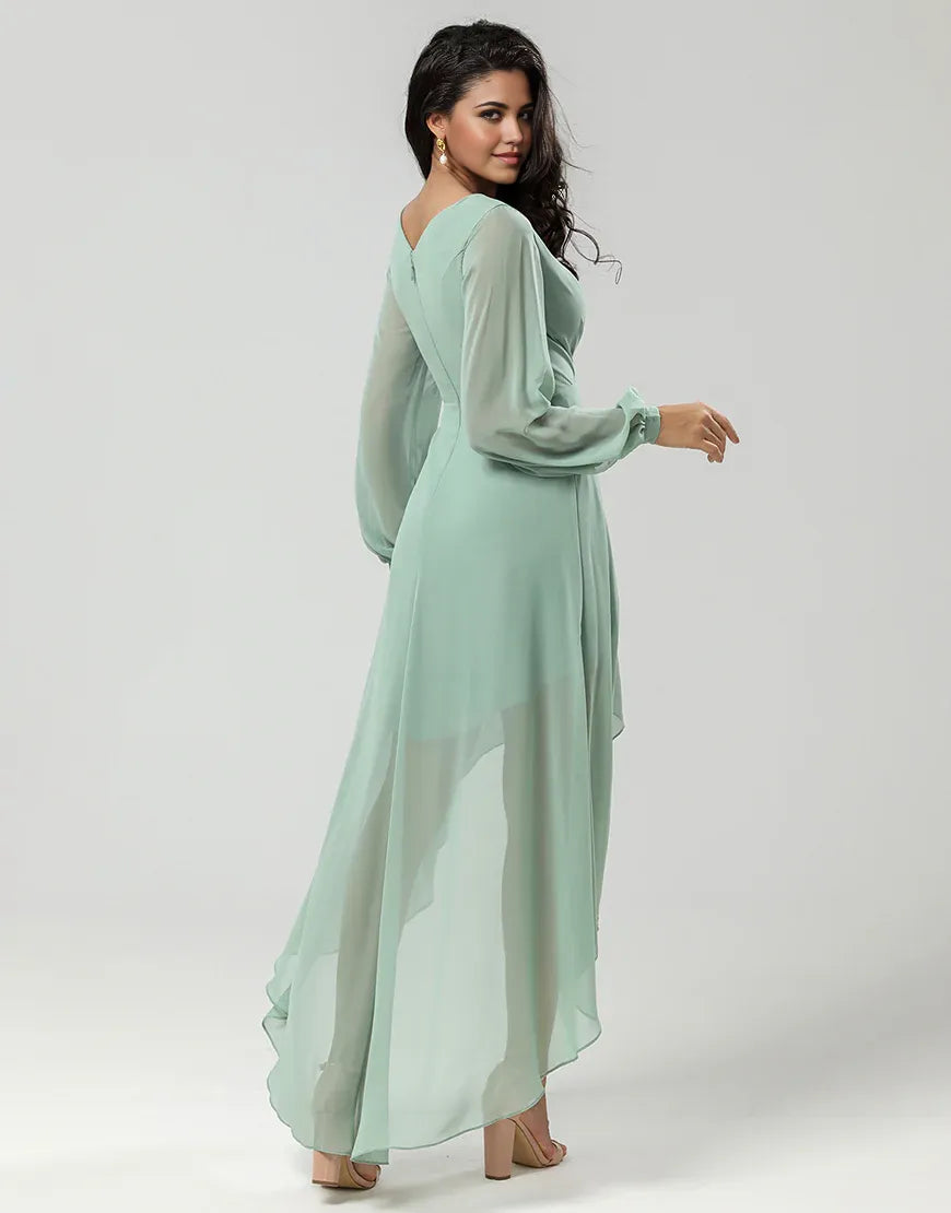 A Line Green V-Neck Chiffon Bridesmaid Dress with Long Sleeves