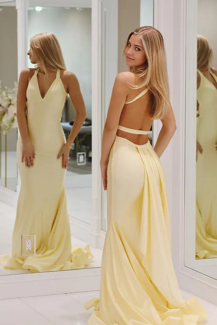 Mermaid V-Neck Halter Backless Yellow Satin Wrap The Buttocks Slim-fit Long Prom Dress