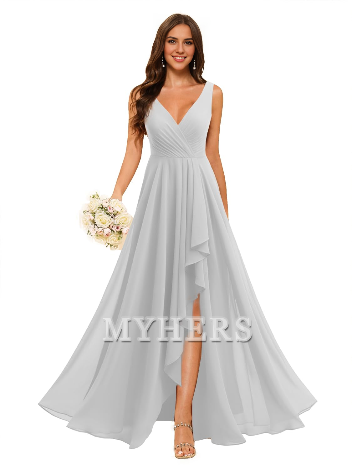 A-line V Neck Chiffon Ruched Side Fork Elegant Simple Bridesmaid Dresses Wedding Guests Dresses