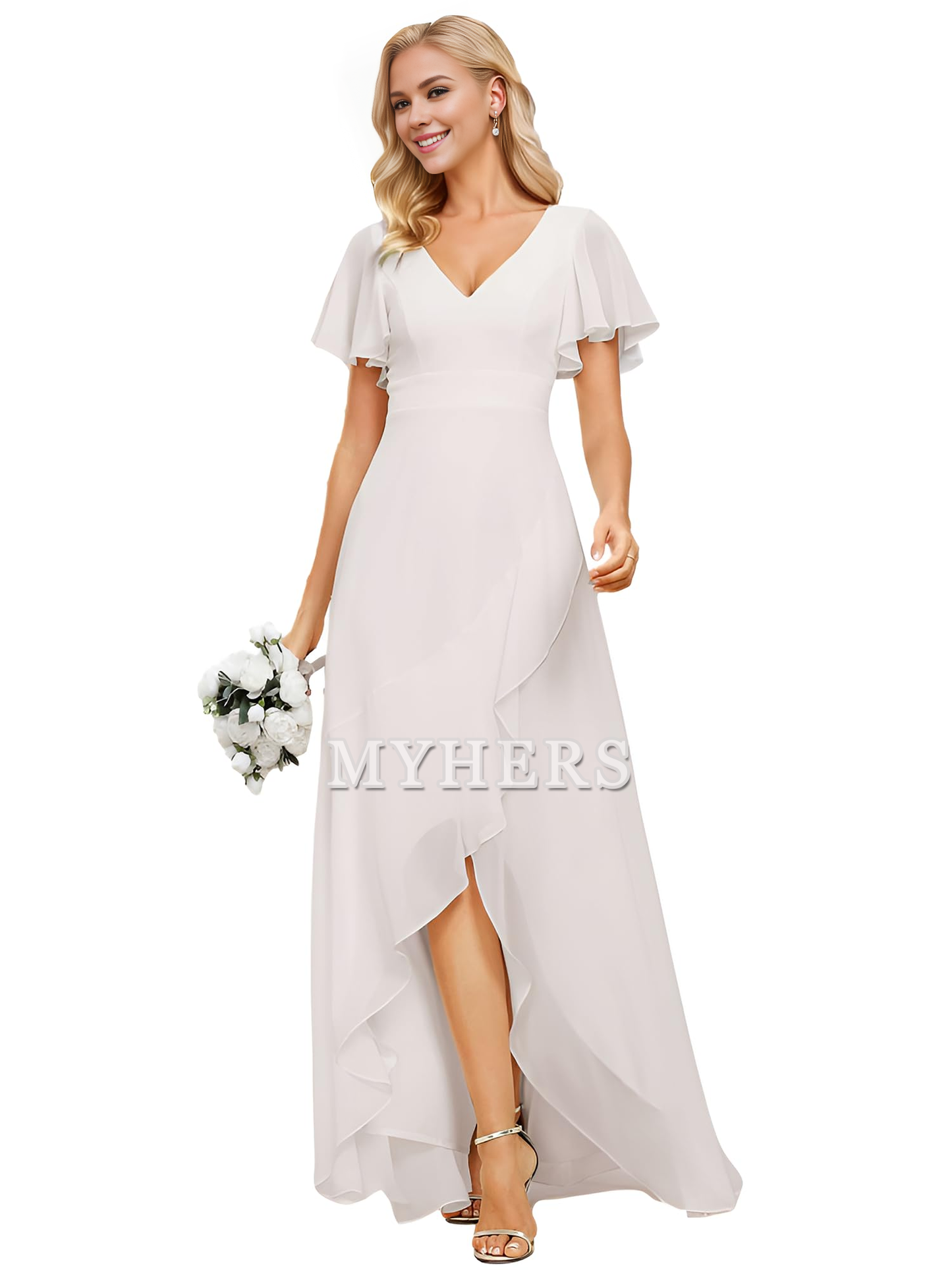 A Line V Neck Ruffle High Low Chiffon Elegant Simple Bridesmaid Dresses Wedding Guests Dresses
