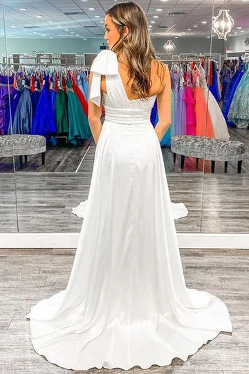 Sequin One-Shoulder Bow Prom Gown with Attached Train