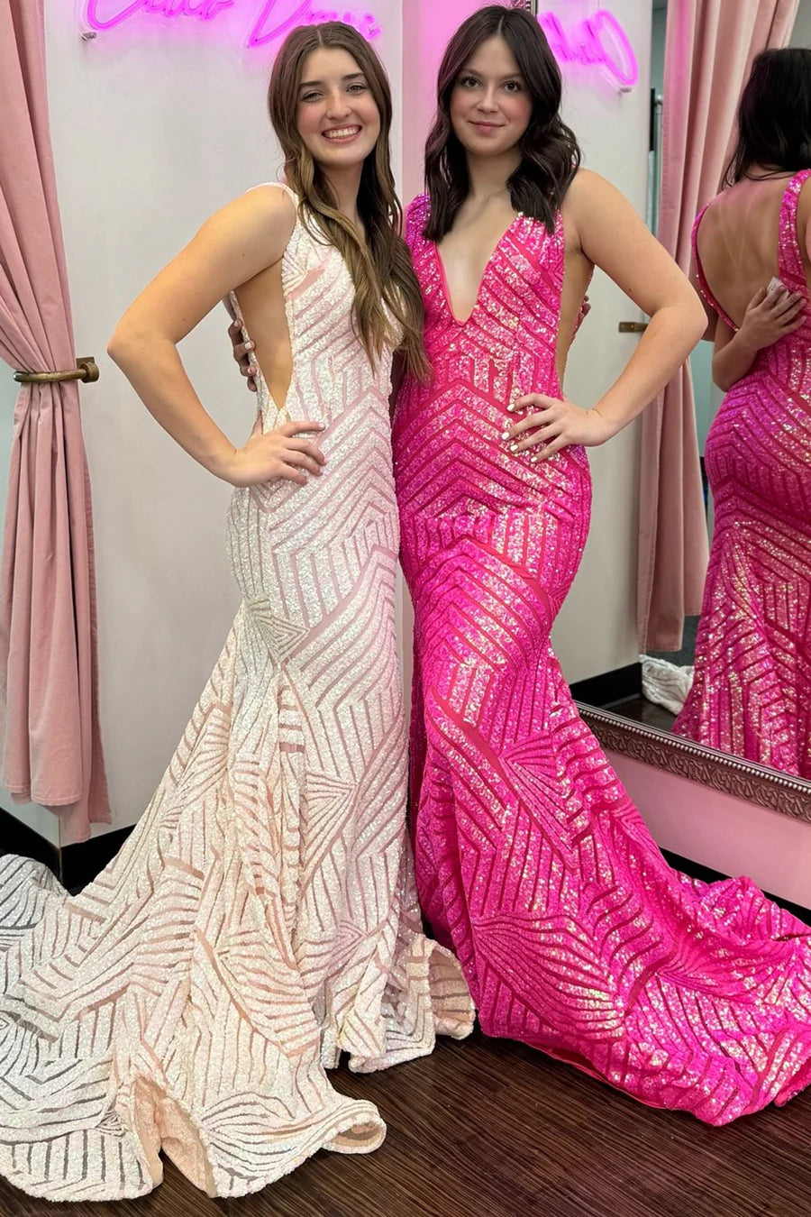 Plunge V Sequins Mermaid Long Evening Dress